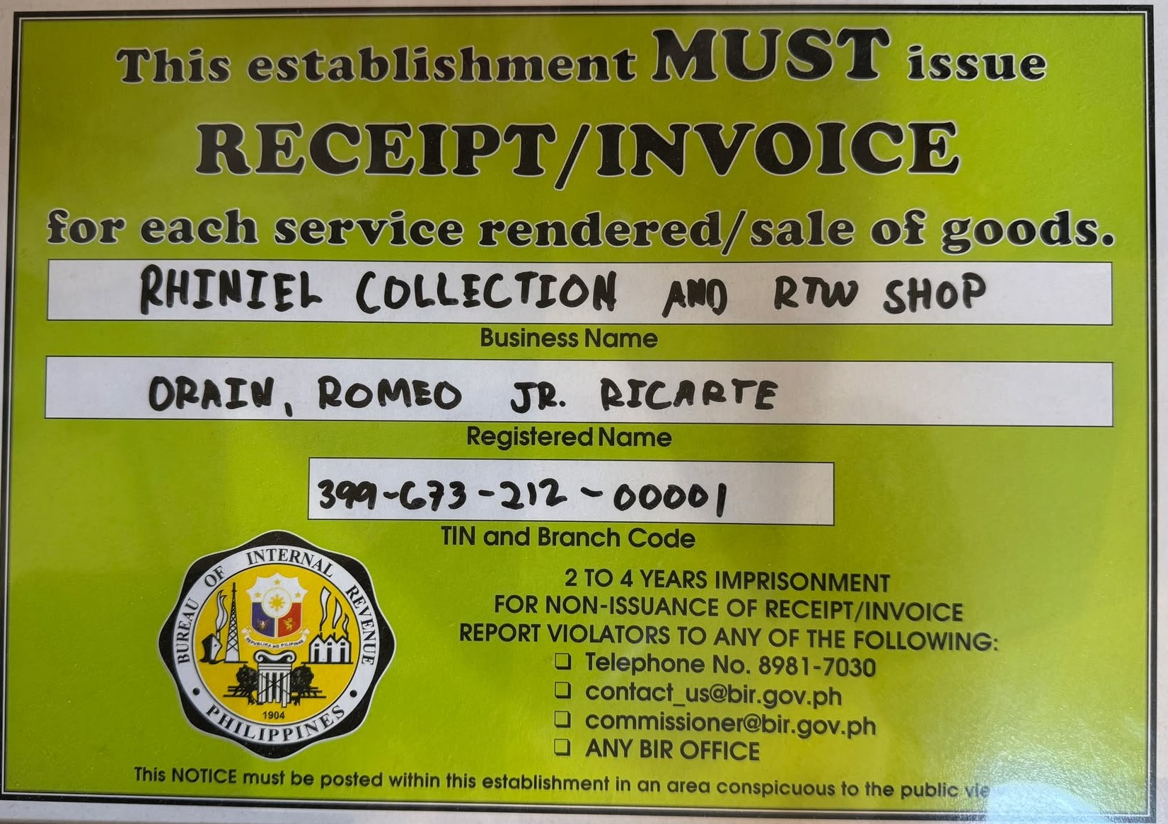BIR Business Permit of Rhiniel Collection